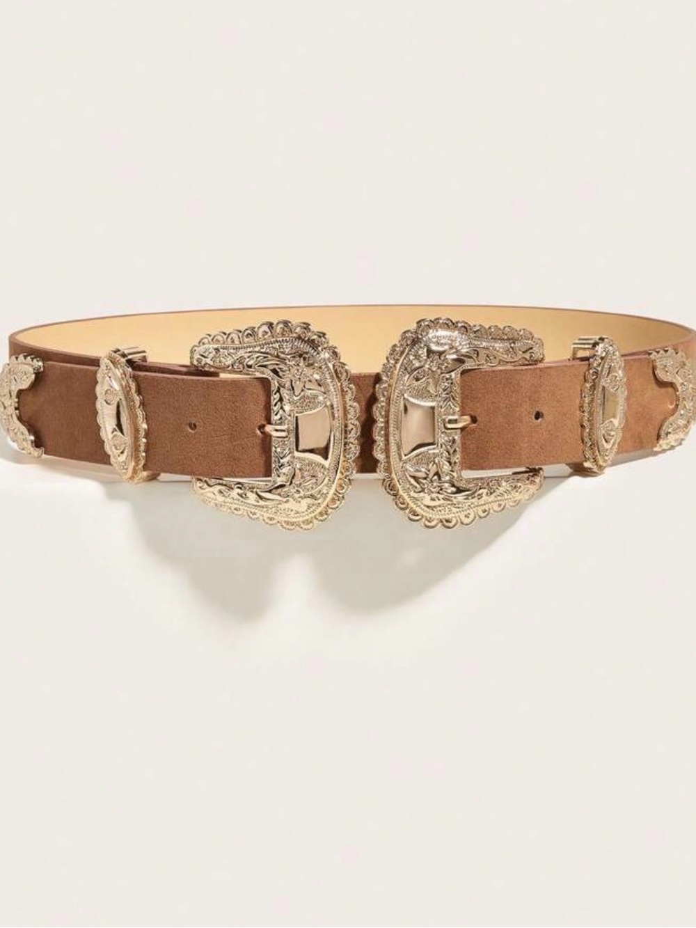 Double Buckle Western-Inspired Women's Belt in Brown with Gold Hardware